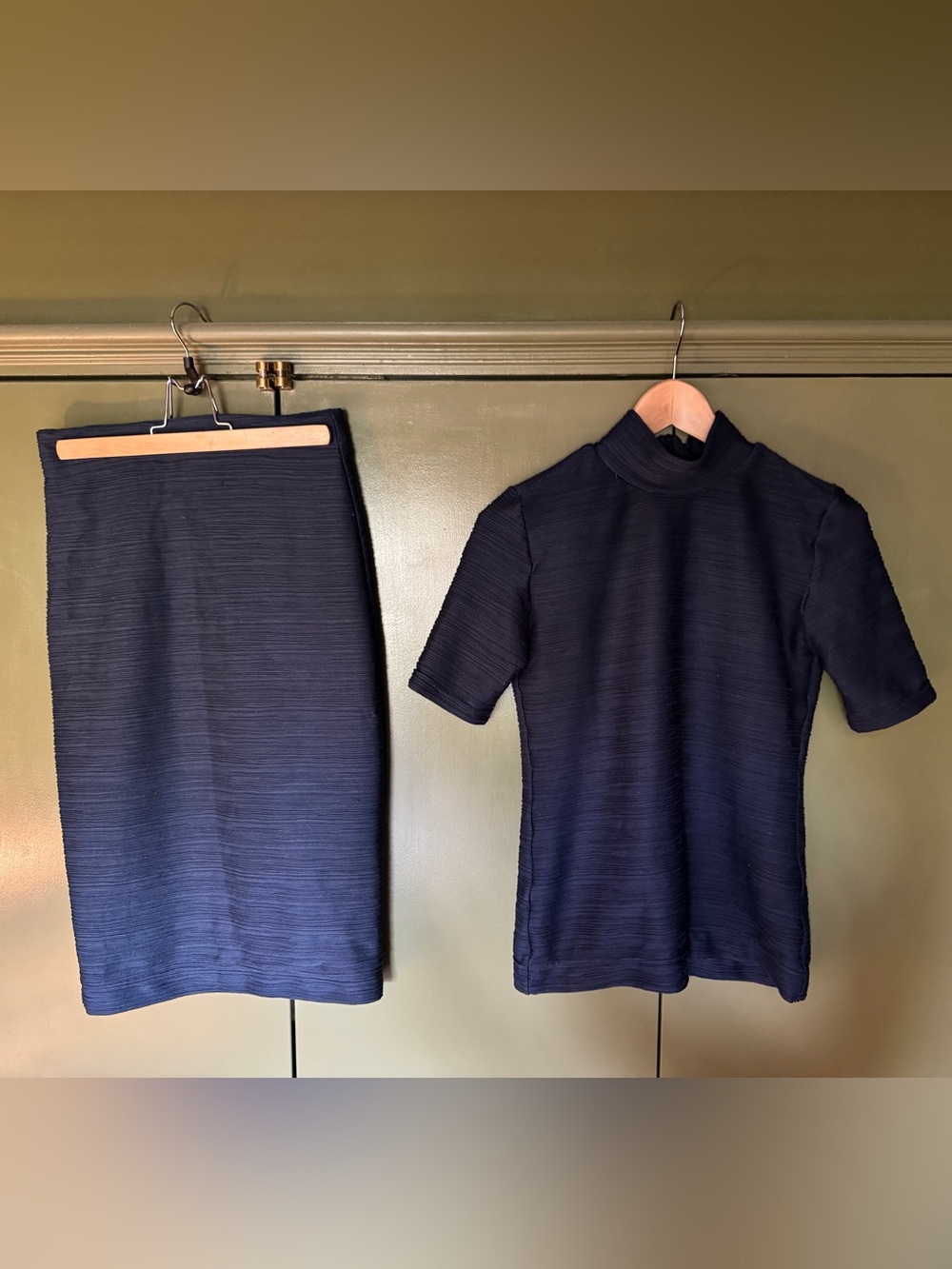 Navy Textured Short-Sleeve Top and Pencil Skirt Set